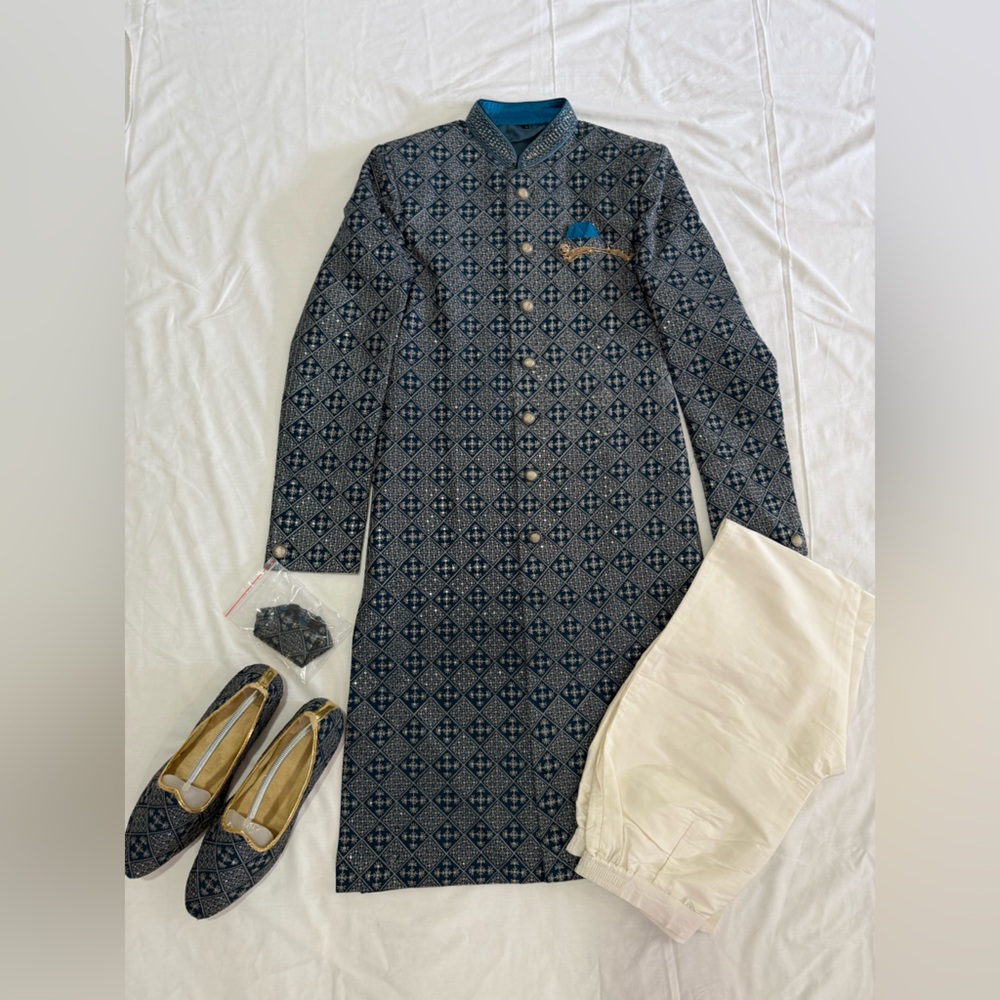 Blue Patterned Indowestern Full Set